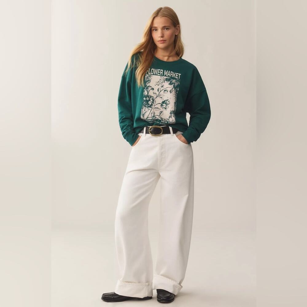 Anthropologie Flower Market Graphic Fleece Green Sweatshirt Size XL